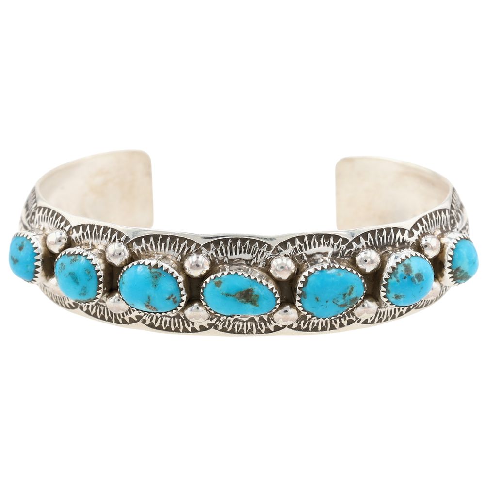 Lot 235: Grace Silver Navajo Sterling Kingman Turquoise Cuff Bracelet