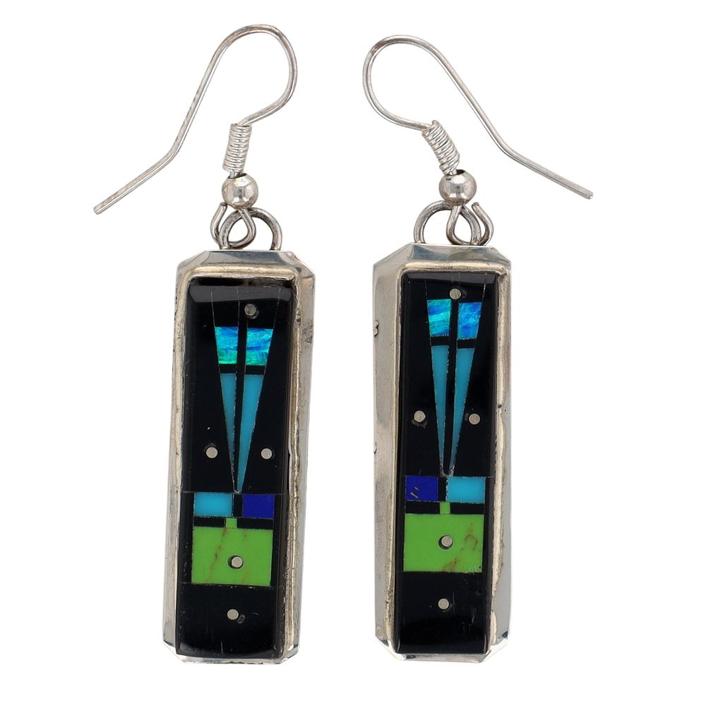 Lot 239: Gilbert Smith Navajo Sterling Multi-Stone Kachina Inlay Hook Earrings