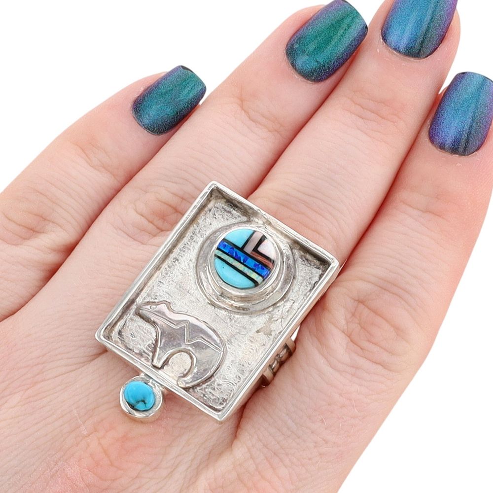 Lot 243: Signed Navajo Sterling Multi-Stone Inlay Heartline Bear Shadow Box Ring Sz 9
