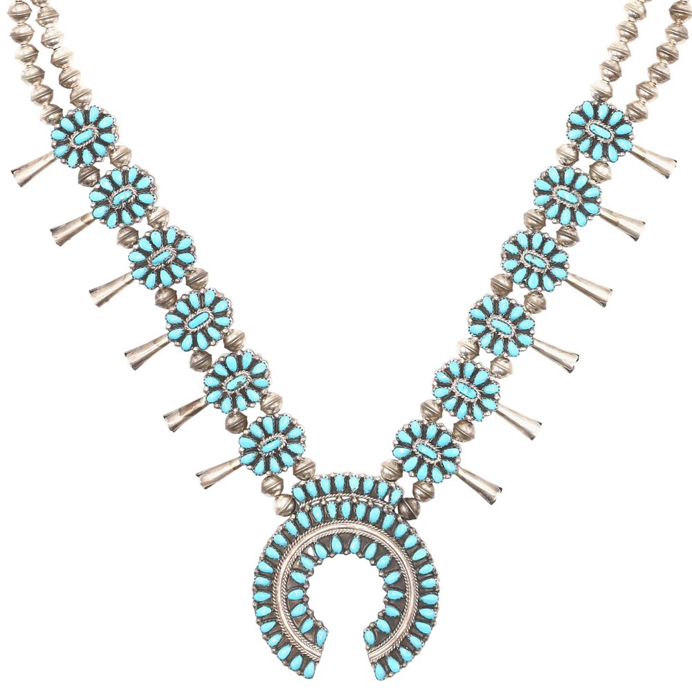 Lot 363: Richardson's Trading Post Elton James Navajo Sterling Multi-Stone Reversible Squash Blossom Necklace
