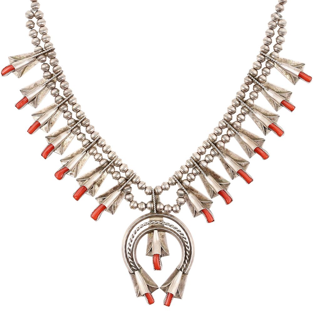 Lot 365: Richardson's Trading Post Louise Yazzie Navajo Sterling Coral Squash Blossom Necklace