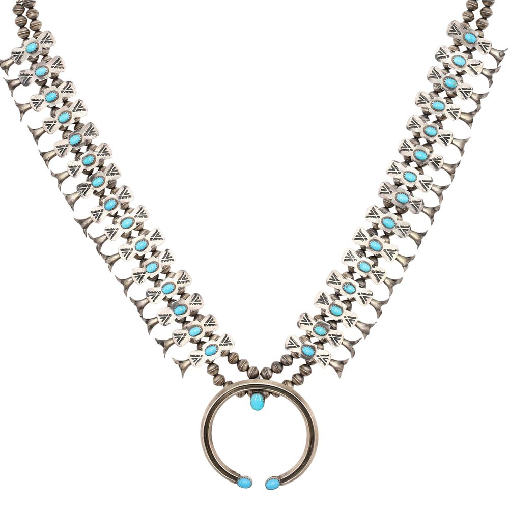 Lot 389: Richardson's Trading Post Leon Kirlie Navajo Sterling Turquoise Squash Blossom Necklace