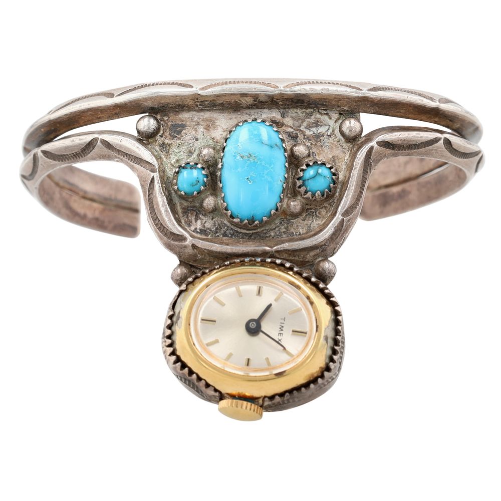 Lot 394: Richardson's Trading Post Vintage Navajo Sterling Turquoise Watch Cuff Bracelet