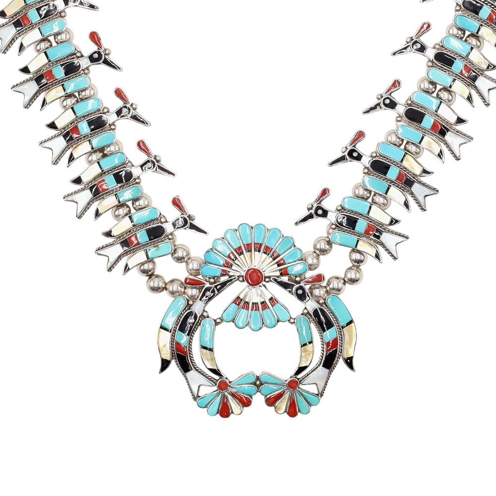 Lot 403: Linette Laiwakete Zuni Sterling Multi-Stone Peyote Bird Inlay Station Necklace