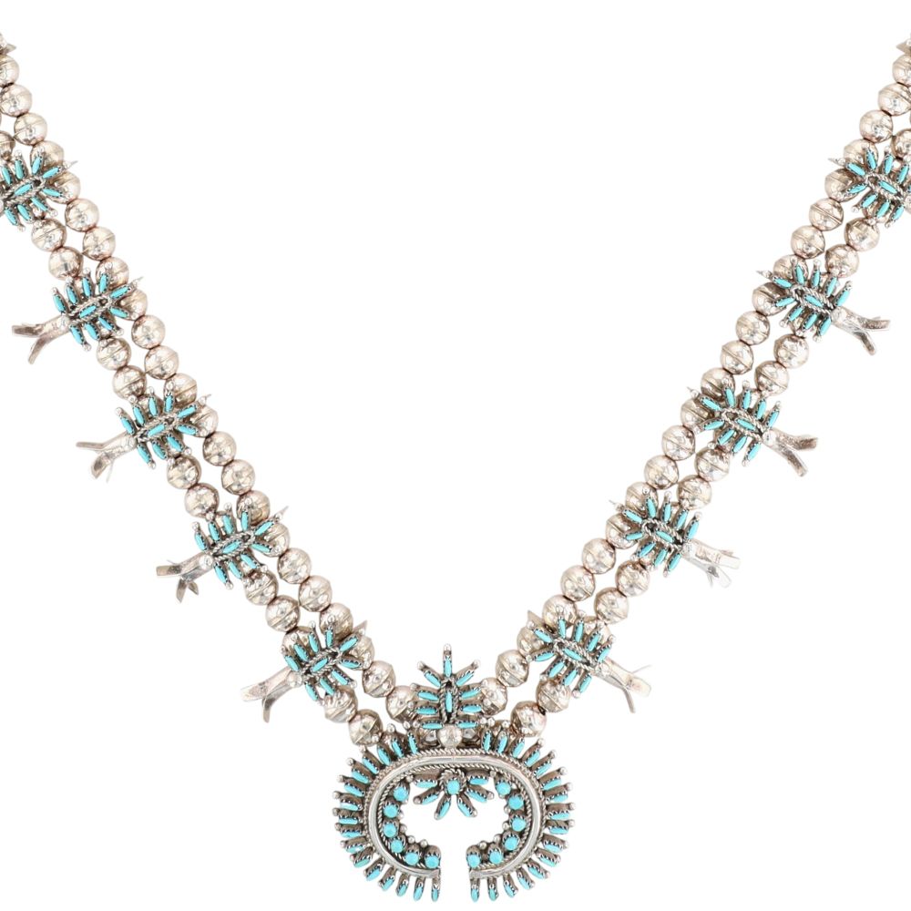 Lot 407: Norman Jr & Virginia Hooee Zuni Sterling Needlepoint Turquoise Squash Blossom Necklace