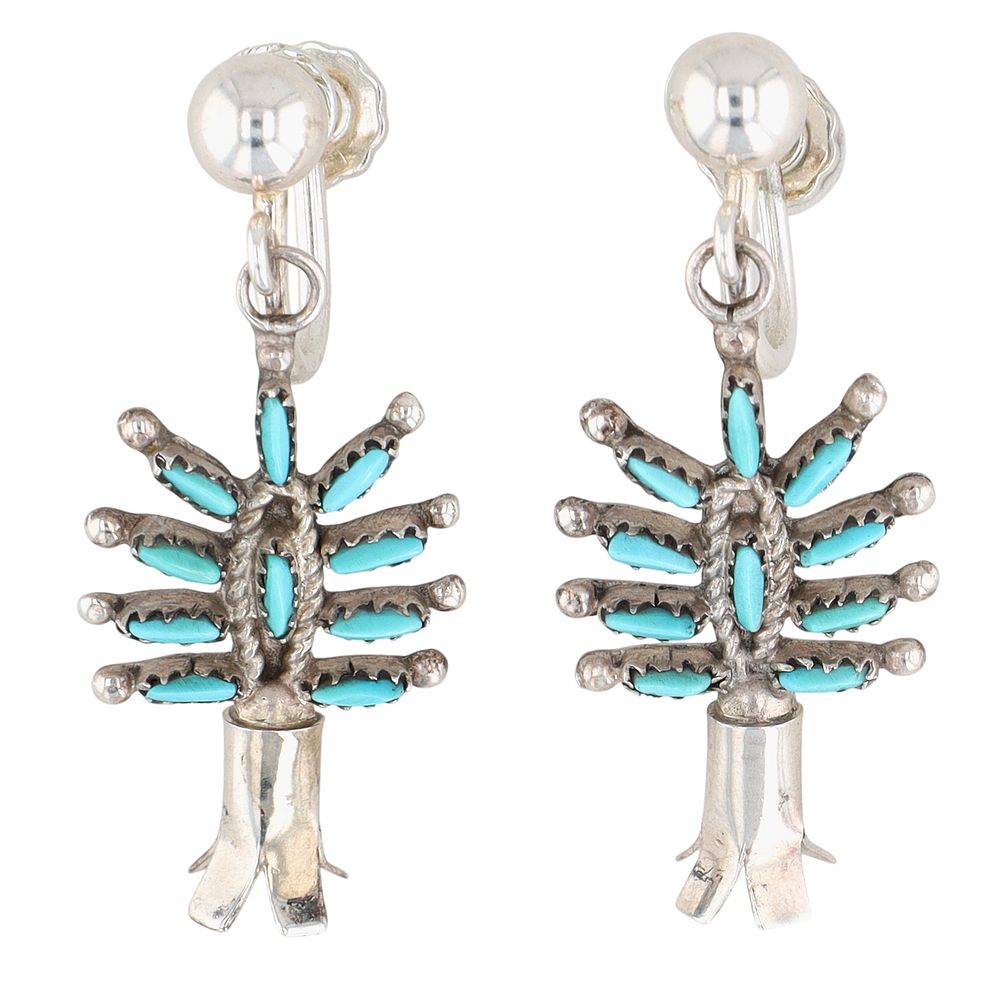 Lot 408: Norman Jr & Virginia Hooee Zuni Sterling Needlepoint Turquoise Squash Blossom Screw Back Earrings