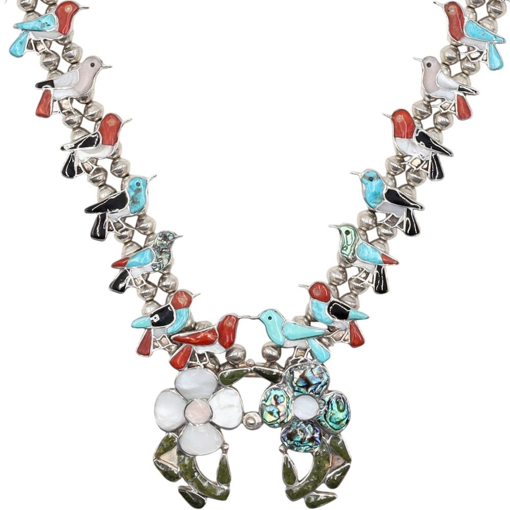 Lot 413: Vintage Zuni Sterling Multi-Stone Inlay Bird Flower Fetish Necklace