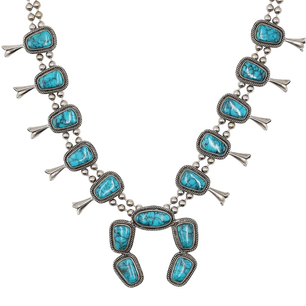 Lot 414: Goldette Southwestern Silvertone Faux Turquoise Squash Blossom Necklace
