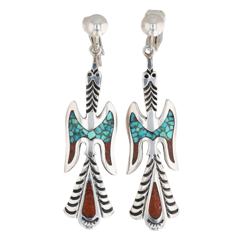 Lot 416: R Yazzie Navajo Sterling Crushed Multi-Stone Peyote Bird Inlay Hook Earrings