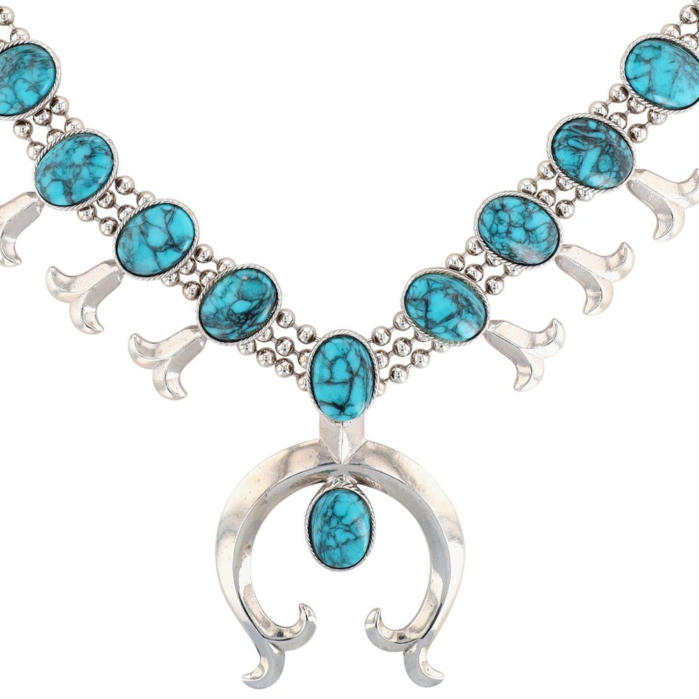Lot 417: Goldette Southwestern Silvertone Faux Turquoise Squash Blossom Necklace