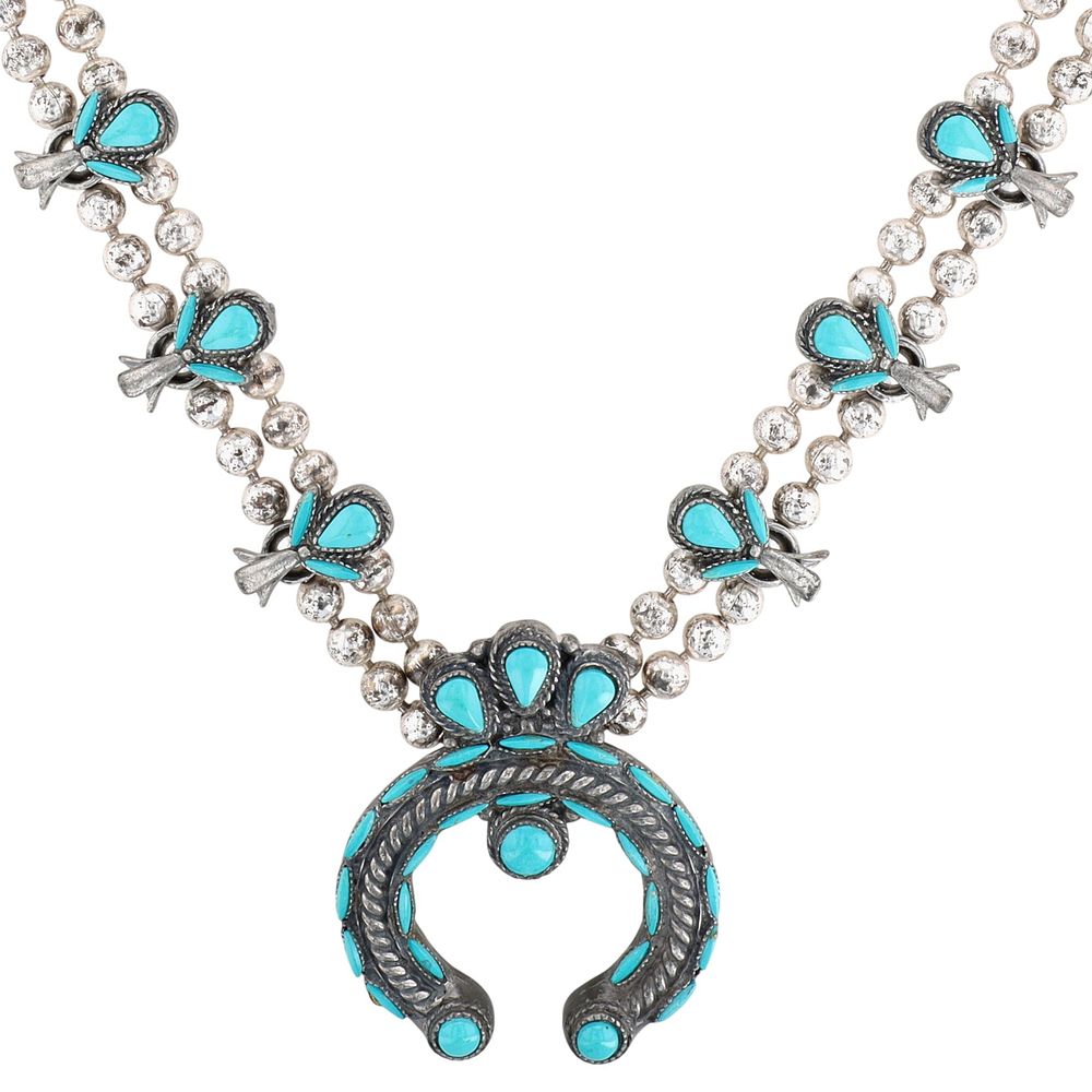 Lot 422: 1950s Sancrest Southwestern Silver Tone Faux Turquoise Squash Blossom Necklace