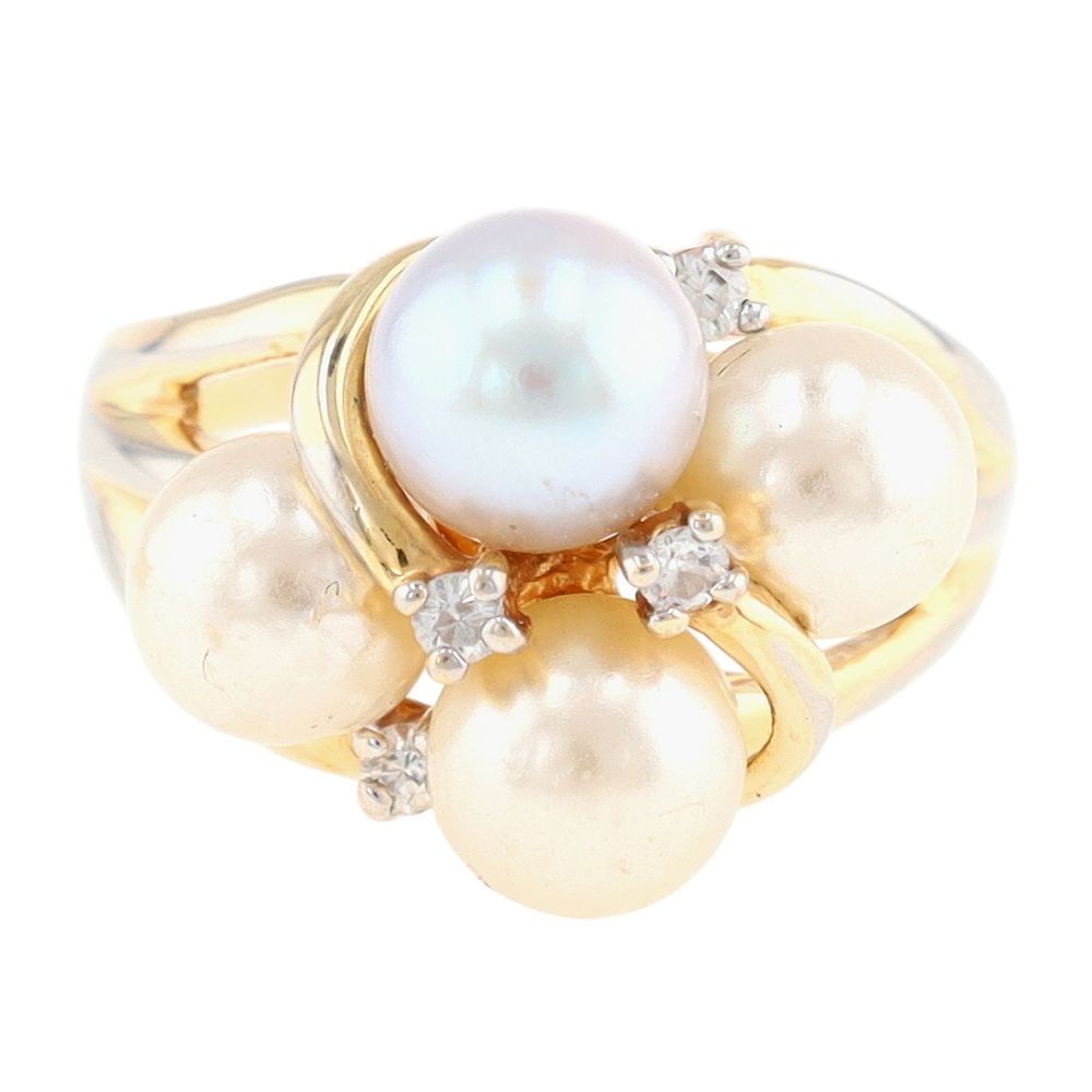 Lot 449: 14KT Gold Electroplate Faux Pearl Rhinestone Ring Sz 8