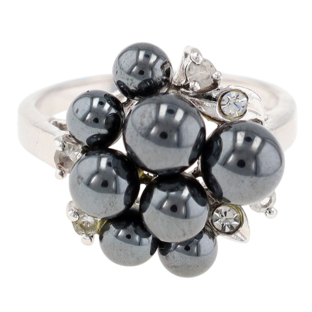 Lot 450: 14KT Gold Electroplate Faux Black Pearl Rhinestone Ring Sz 7.5