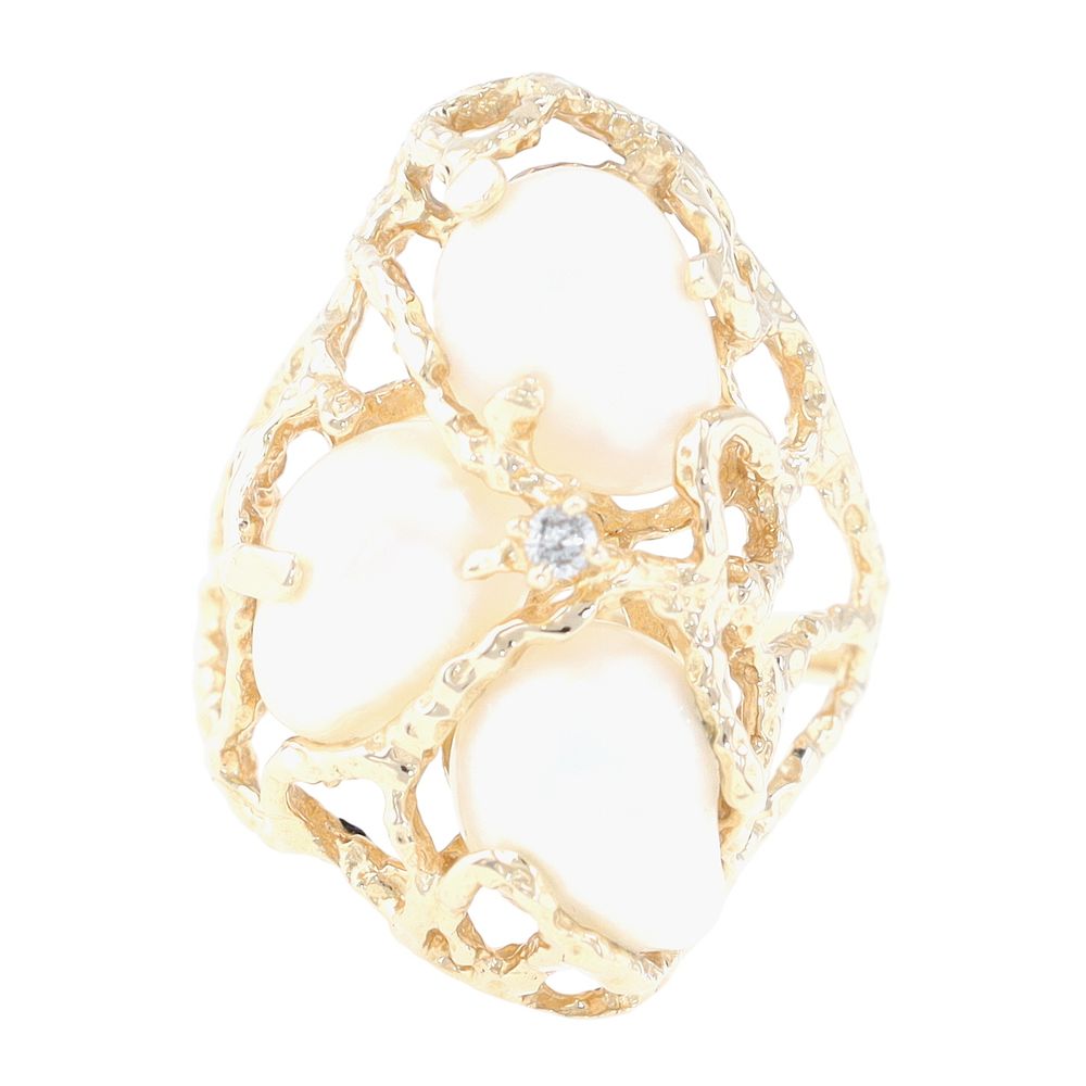 Lot 466: Signed 14K Gold Diamond Pearl Cluster Coral Branch Ring Sz 7