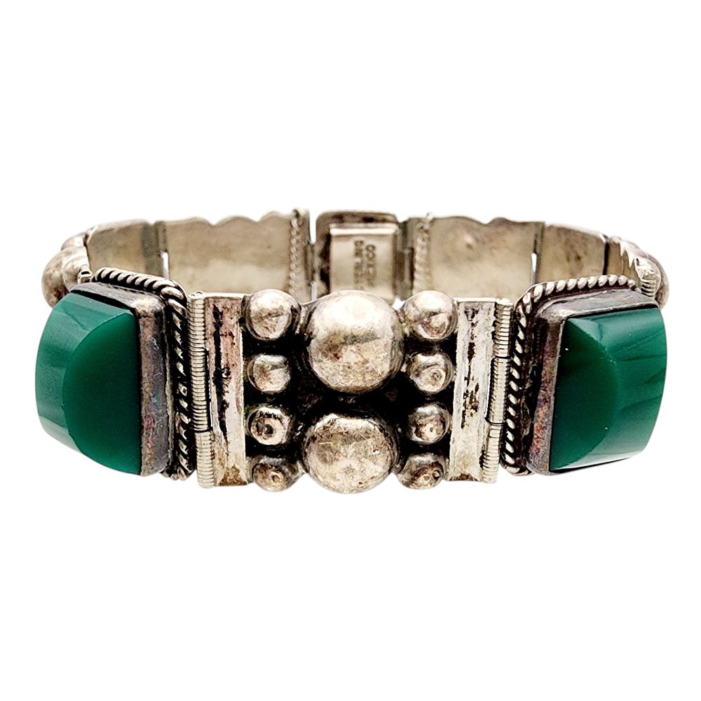 Lot 451: Mexico Sterling Green Onyx? Hinge Bracelet