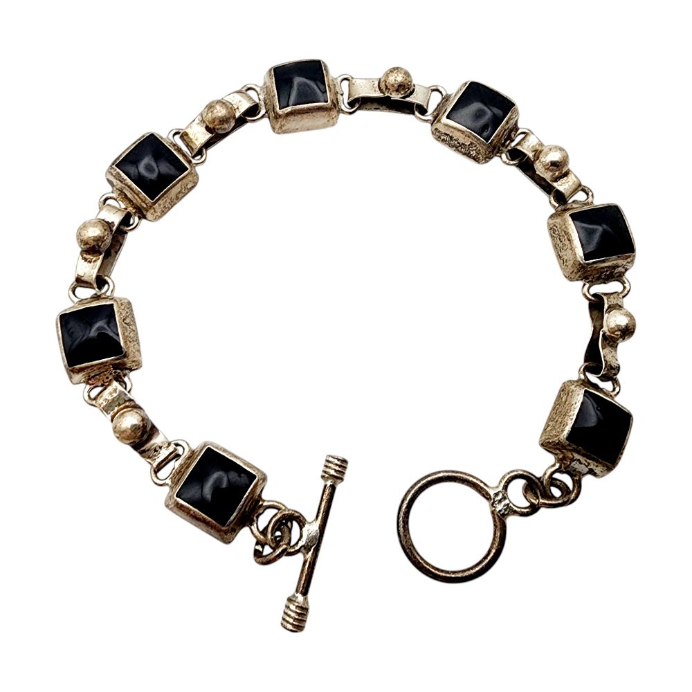 Lot 460: Mexico Sterling Onyx Link Bracelet