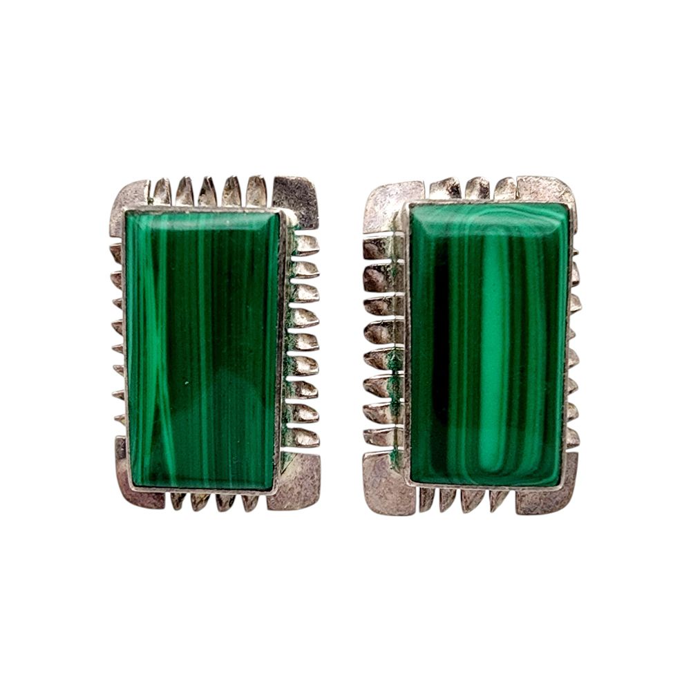 Lot 486: Signed Taxco Sterling Malachite Earrings