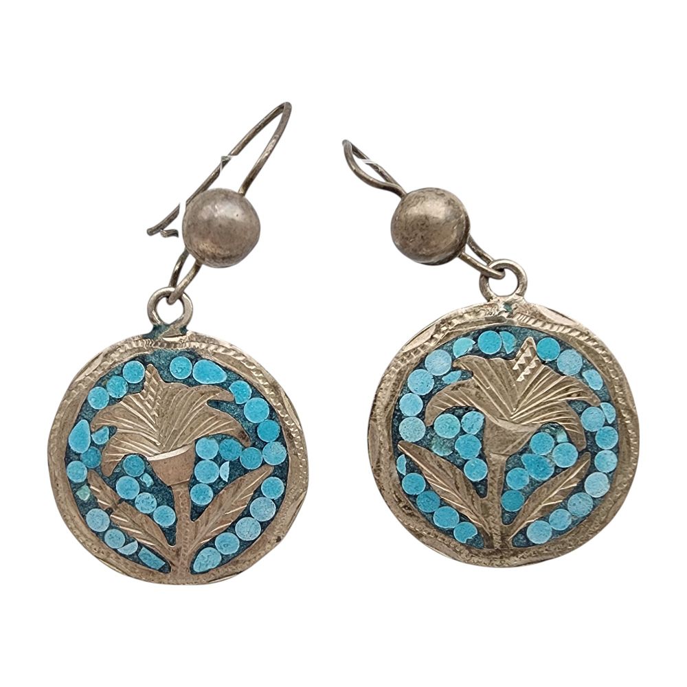 Lot 536: Signed Mexico Sterling Etched Flower Disc Earrings