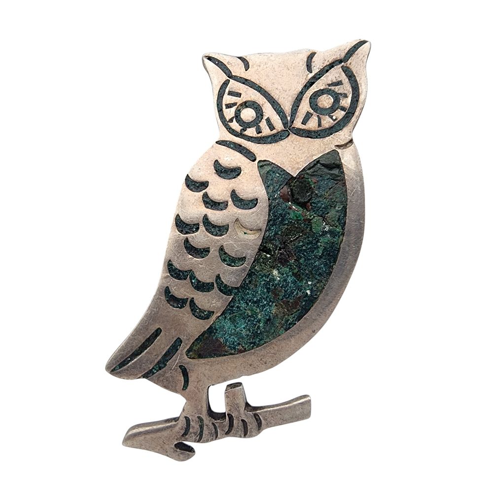 Lot 542: Signed Mexico Sterling Inlay Owl Brooch