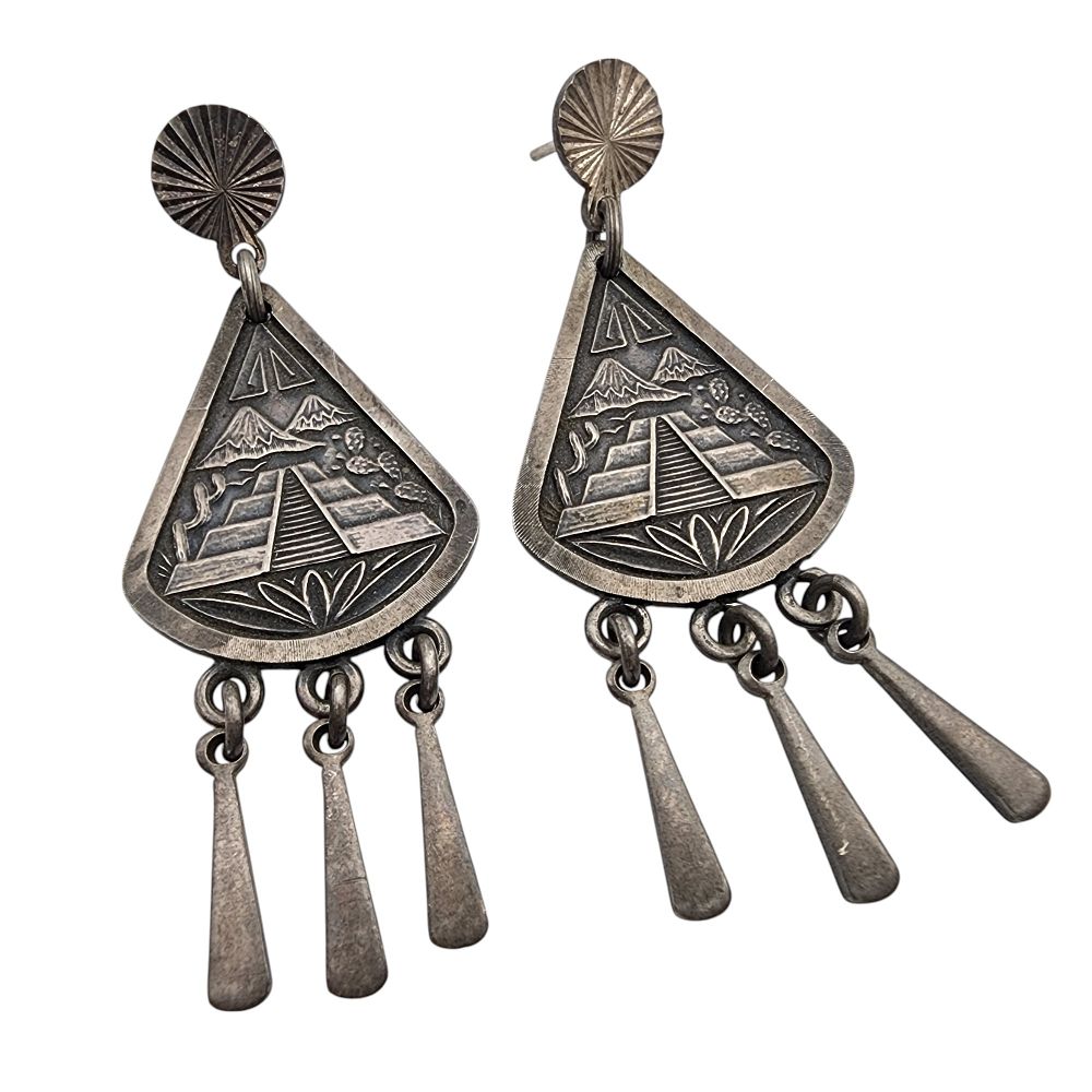 Lot 544: Signed Mexico Sterling Chichen Itza Dangle Earrings