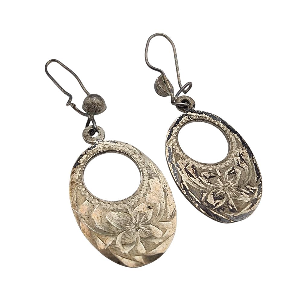 Lot 554: Signed Mexico Sterling Etched Earrings