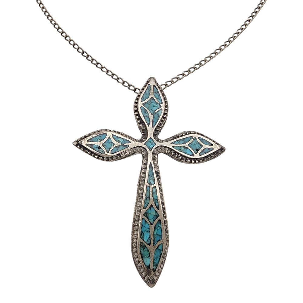 Lot 561: Vintage Southwestern Sterling Chip Inlay Cross Necklace