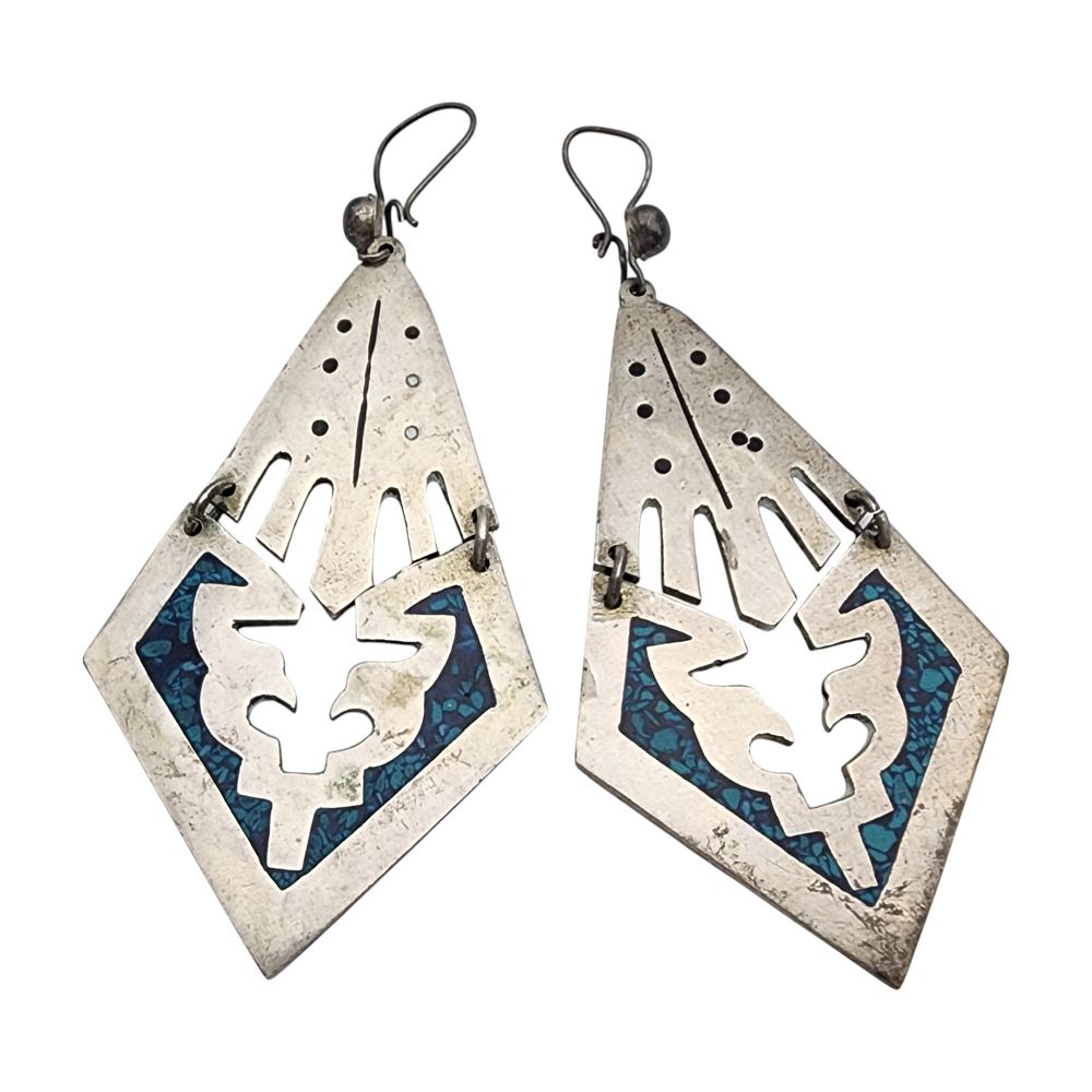 Lot 567: Vintage Taxco Alpaca Resin Inlay Dangle Earrings