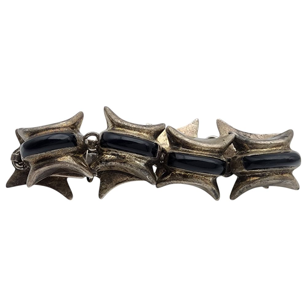 Lot 593: Vintage Taxco Mexico Sterling Onyx Ridge Link Bracelet