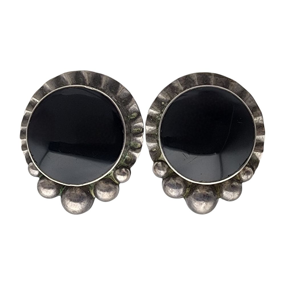 Lot 594: Vintage Taxco Sterling Onyx Large Medallion Earrings