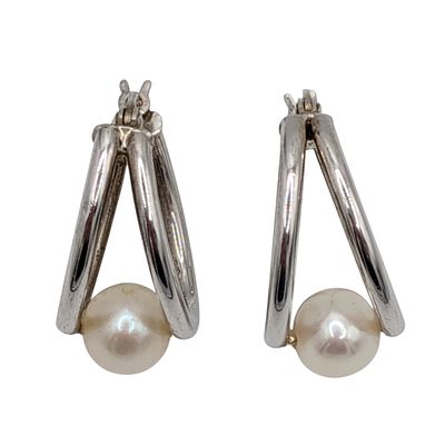 Signed Sterling Silver Pearl Double Hoop Earrings. Signed Sterling Silver, Pearl Double Hoop 