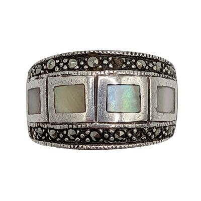 Sterling Silver Mother of Pearl Marcasite Inlay Band Ring. Sterling Silver, Mother of Pearl 