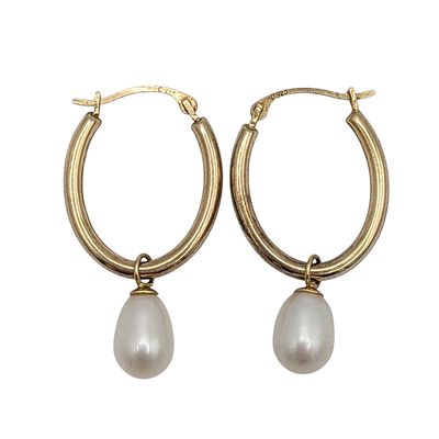 Signed Gold Over Sterling Silver Pearl Dangle Hoop Earrings. Signed Gold Over Sterling Silver 