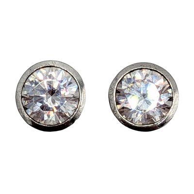 Signed Sterling Silver CZ Solitaire Stud Earrings. Sterling Silver, CZ Bezel Set Solitaire Stud 