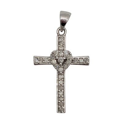 Signed Sterling Silver Diamond Heart Cross Pendant. Signed Sterling Silver, Diamond Heart Cross 