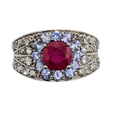 Signed Sterling Silver Multi Gemstone Cluster Ring. Signed Sterling Silver, Ruby, Iolite, Topaz 