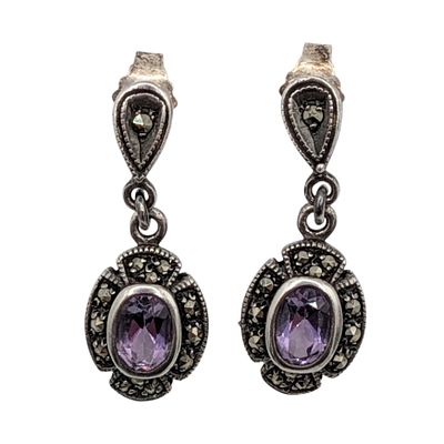 Signed Sterling Silver Amethyst Marcasite Drop Dangle Earrings. Signed Sterling Silver, Amethyst 