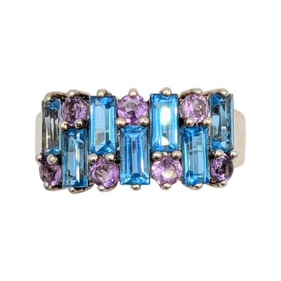 Signed Sterling Silver Topaz Amethyst Row Ring. Signed Sterling Silver, Topaz, Amethyst Row 