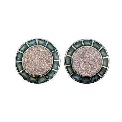 Signed Sterling Silver Druzy Quartz Enamel Halo Stud Earrings. Signed Sterling Silver, Druzy 