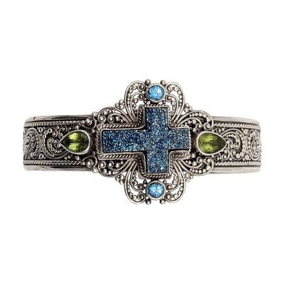 Sarda Sterling Silver Multi Gemstone Cross Cuff Bracelet. Sarda Sterling Silver, Topaz, Peridot 