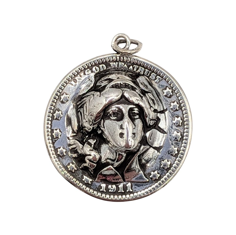 Lot 185: Antique Sterling Silver Art Nouveau Lady Liberty Repousse Quarter Pendant