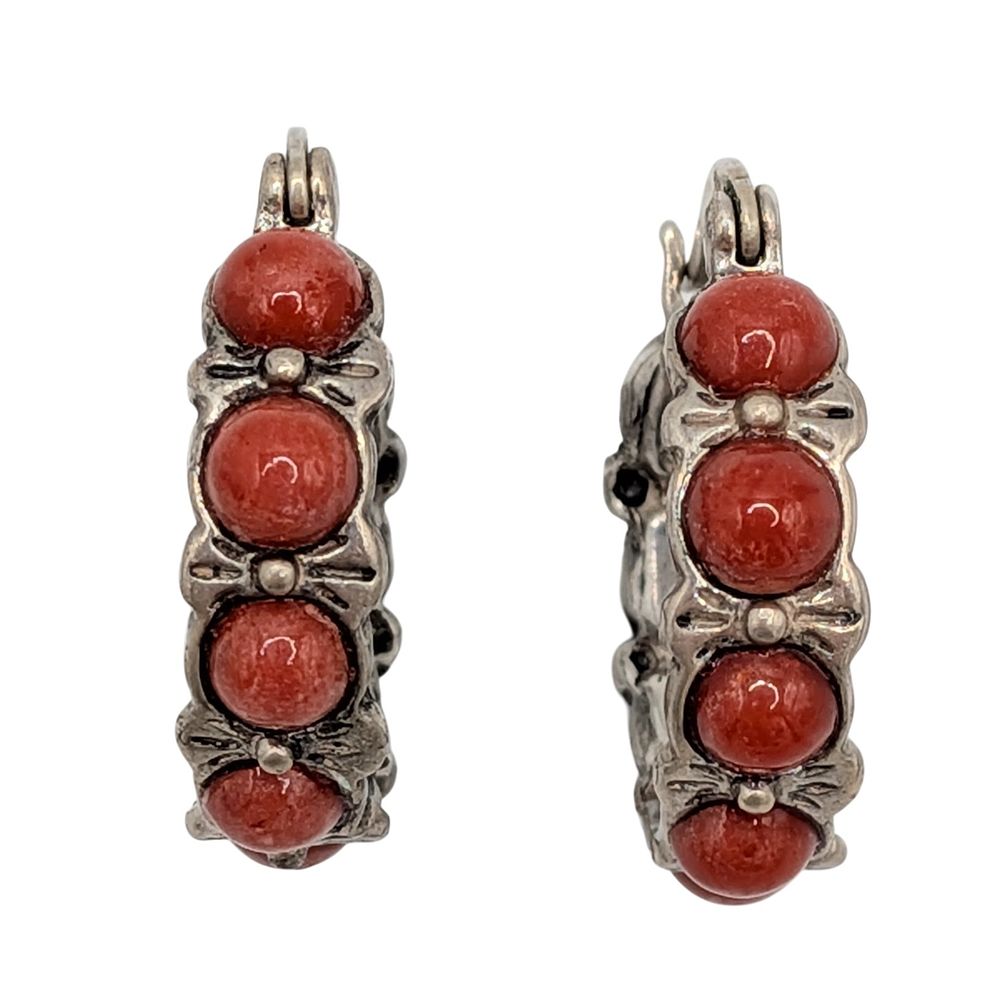 Lot 211: Signed Southwestern Sterling Silver Coral Bow Detail Hoop Earrings