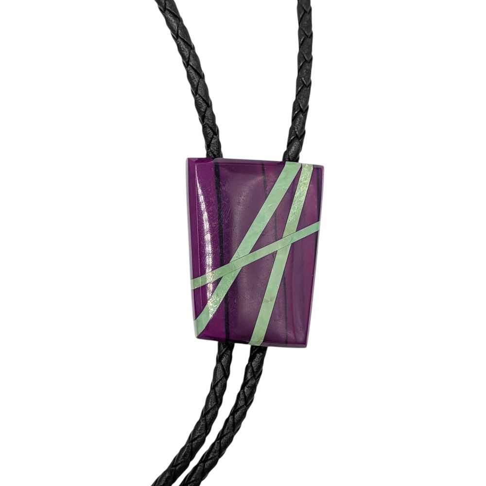 Lot 228: Vintage Southwestern Steel Turquoise Matrix Leather Bolo Tie Necklace