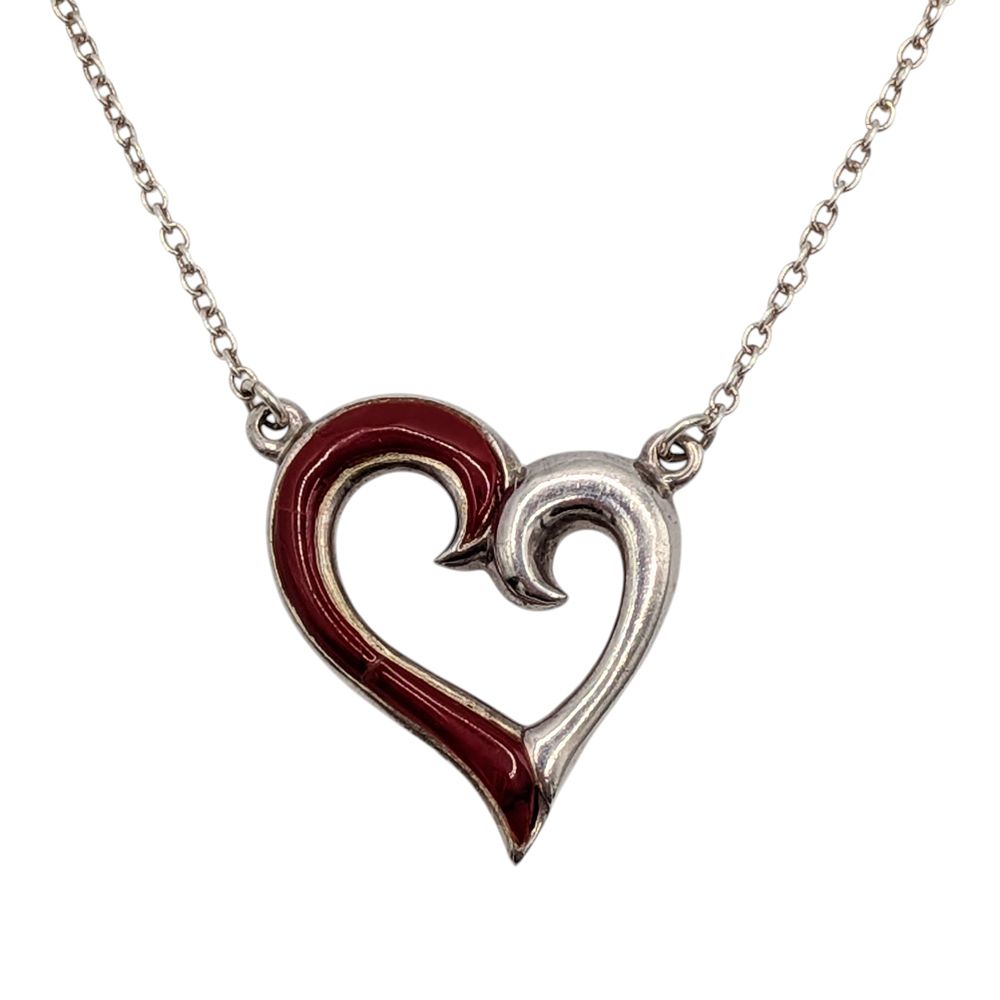 Lot 364: Signed Sterling Silver Coral Inlay Open Heart Necklace