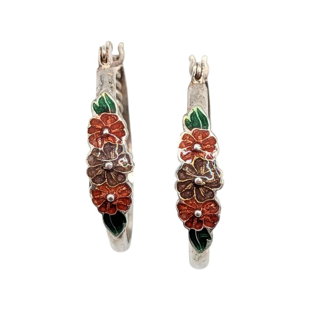 Lot 373: Sterling Silver Enamel Flowers Double Hoop Earrings