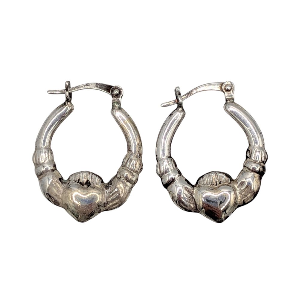 Lot 379: Signed Sterling Silver Claddagh Hoop Earrings