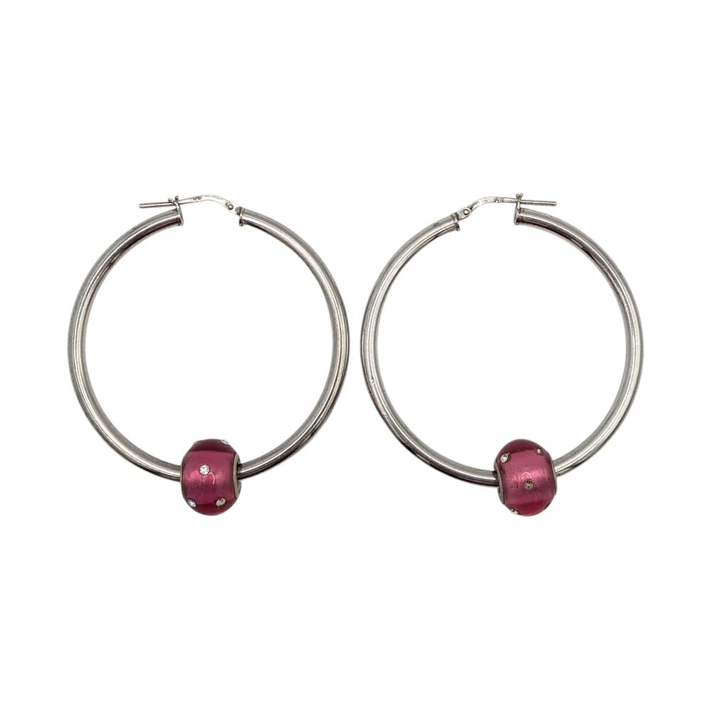 Lot 423: Italian Sterling Silver Glass Bead With CZ Hoop Earrings