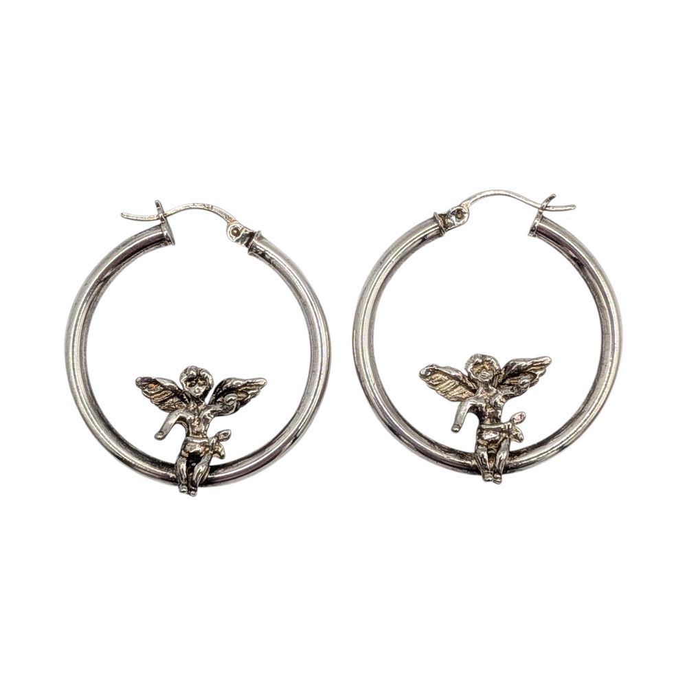 Lot 446: Signed Sterling Silver Cherub Hoop Earrings