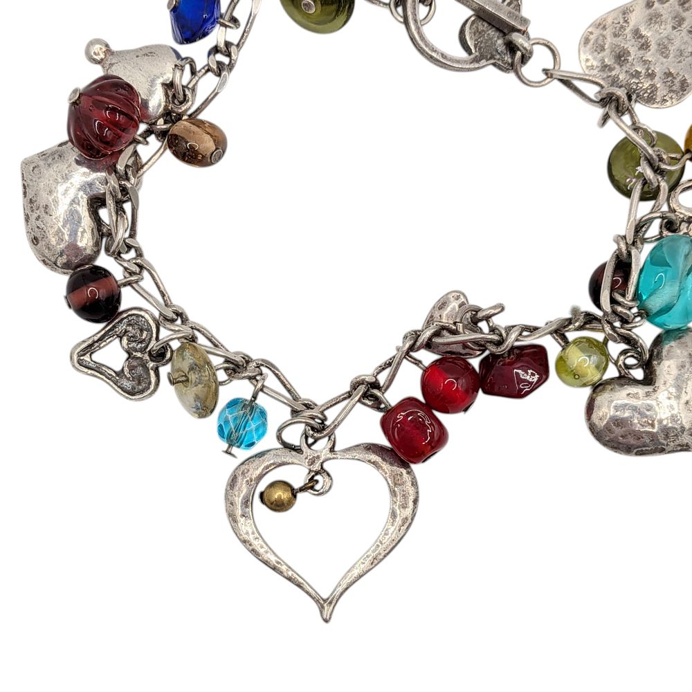 Lot 455: Sterling Silver Glass Bead Heart Dangle Charm Toggle Bracelet
