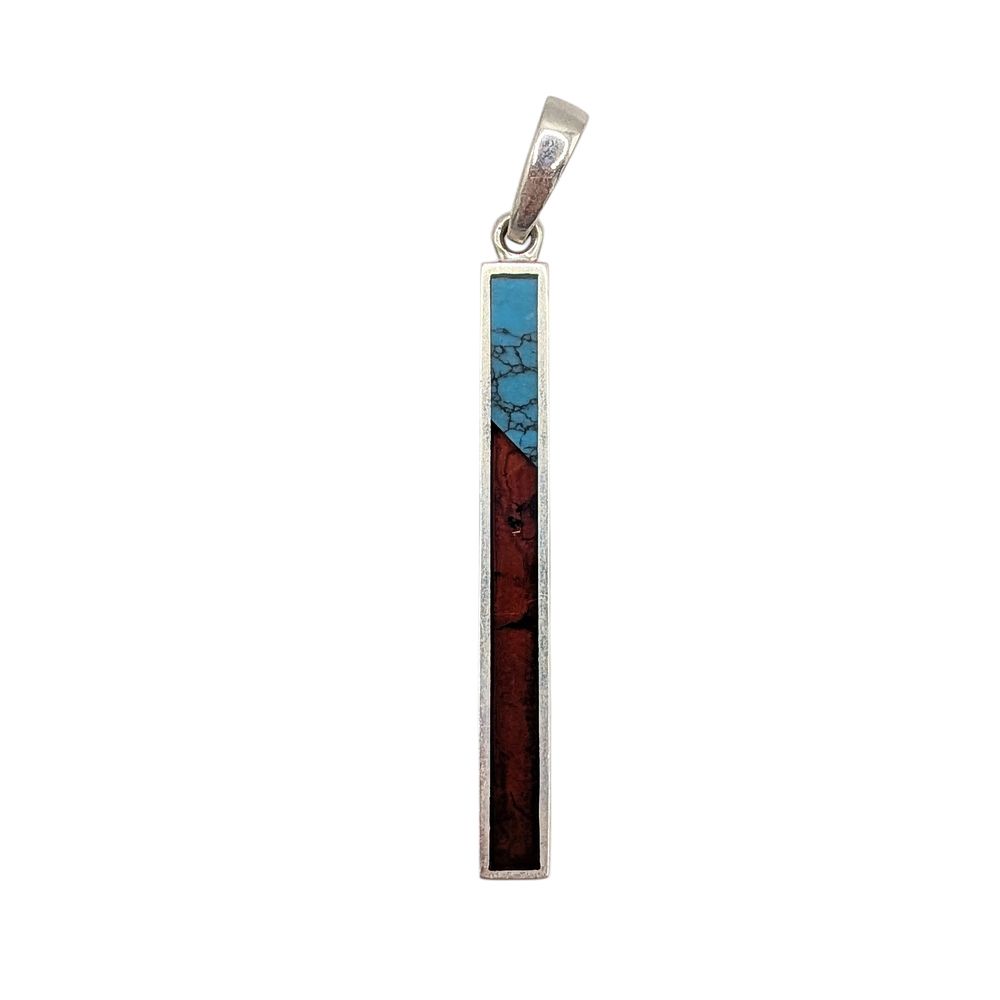Lot 467: New Polish Sterling Silver Red Amber Turquoise Inlay Bar Pendant