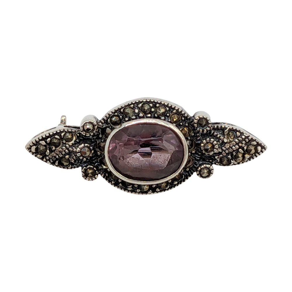 Lot 469: Sterling Silver Amethyst Marcasite Deco Style Brooch